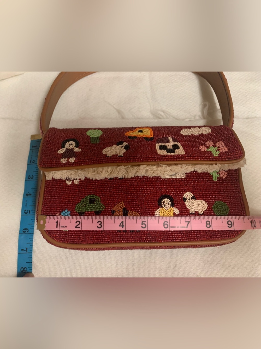 STAUD Tommy Beaded / Embroidered Folk Town Shoulder Bag Red W Tan Trim $325 MSRP - Picture 13 of 17